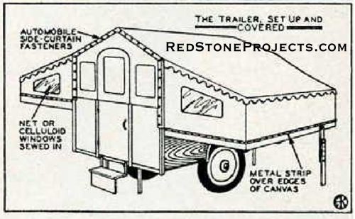Drawing showing the pop-up canvas coverings of a folding tent trailer and corresponding methods of attachment.